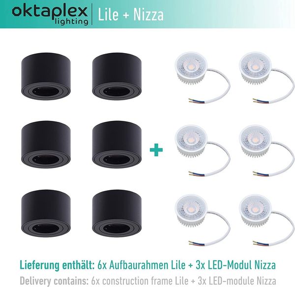 Oktaplex lighting LED Deckenstrahler 6 Stück Aufbauspot schwarz inkl. LED-Modul dimmbar, Dimmbar, Leuchtmittel wechselbar, warmweiß, 3000 Kelvin 230V 30° schwenkbar Höhe 50mm schwarz