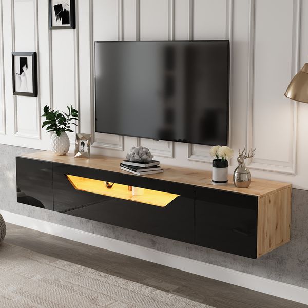 Sideboard 180x37x36 cm, wandmontiert, Hochglanzfront mit LED, Schwarz-Naturholz