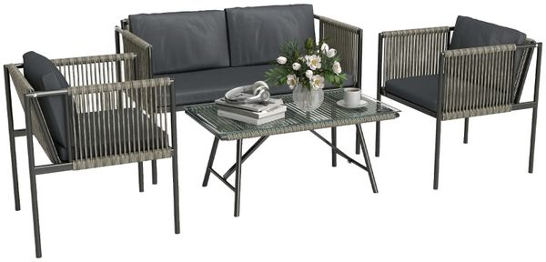 4-teiliges Gartenmöbel-Set, 1 Sofa, 2 Sessel, 1 Tisch mit Glasplatte, Kissen, Stahlrahmen, Kunststoff-Rattan, Grau