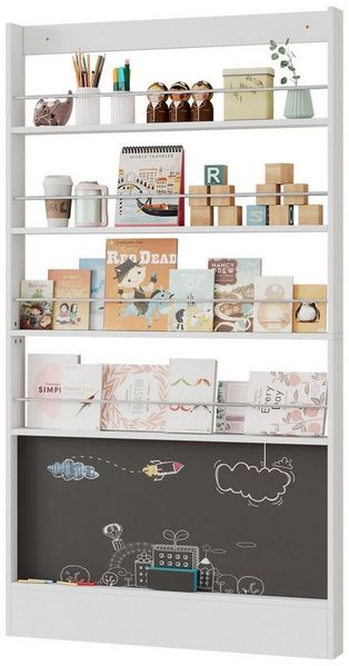 Flieks Bücherregal Kinderregal mit 4 Ablagen und bemalbares Schwarzbord, Spielzeugregal für Kinderzimmer, Spielzimmer 1-tlg, Kinderbücherregal Spielzeugtruhe Wandregal aus MDF, 100x10x180 cm