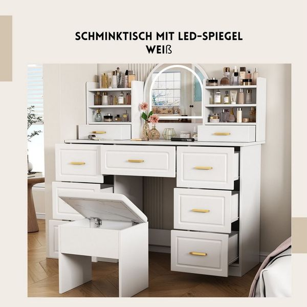 SeedWave Schminktisch mit LED-Spiegel, 9 Schubladen, über 250L Stauraum, 2 offene Ablagen, versteckter Stauraumhocker mit Polster, modernes Weiß-Gold-Design