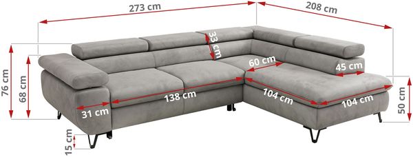MKS Möbel 'Pablo L-Form' Ecksofa mit Schlaffunktion, verstellbare Kopfstützen, Hellgrau, Samt, T25 Topper, Links Bild 6