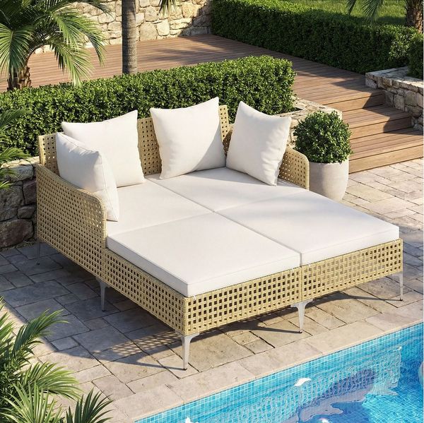 COSTWAY Loungebett, Outdoor Sonnenliege 2 Personen Rattan mit Kissen Gartenliege
