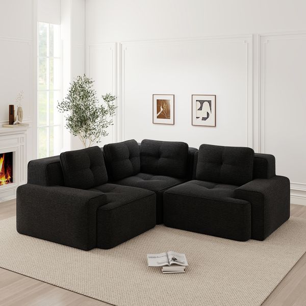 Flieks 2-Sitzer Modulares Ecksofa, Cloud Sofa Cord rahmenlos, Lounge Sofa bodennah, mit breiten Armlehnen, Schwarz