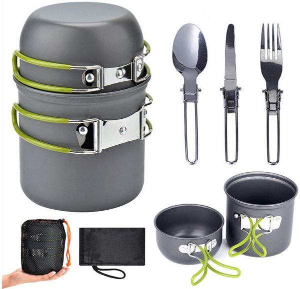 Mutig Geschirr-Set Camping Kochgeschirr 15-teilig,Topf Outdoor mit Faltbarer Messer Gabel, 2 Personen, Ungiftig, geruchlos, hohe Härte und umweltfreundlich