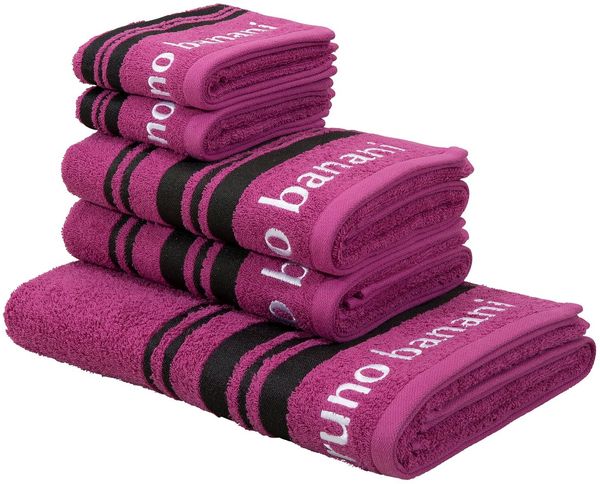 Bruno Banani Handtuch Set Daniel, 1 Duschtuch 70x140, 2 Handtücher 50x100, 2 Gästetücher 30x50, Walkfrottee (Set, 5-St), Streifen-Bordüre & Markenlogo, 100% Baumwolle