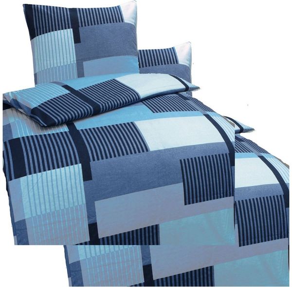 KH-Haushaltshandel Bettwäsche 4-tlg. Biber Winter Bettwäsche 2x(135 x 200 + 80x80 cm), blau Karo, Biber, 4 teilig, flauschig weich, warm, 100% Baumwolle