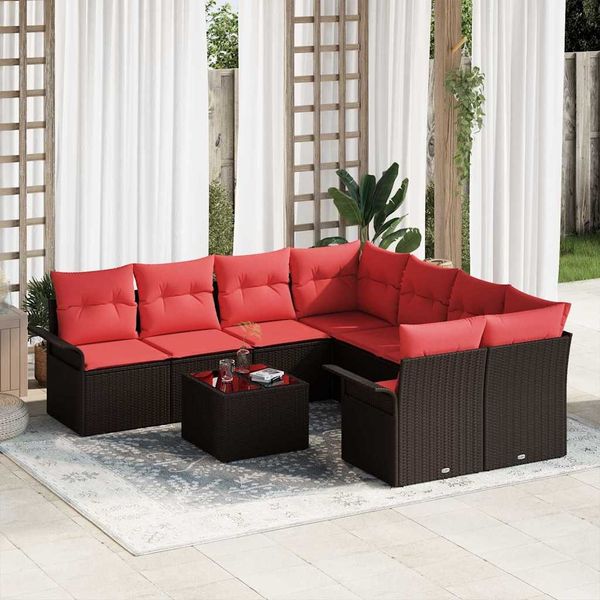 vidaXL Gartensofa-set mit Kissen 9 pcs Beige und Rot Poly-Rattan 3353973