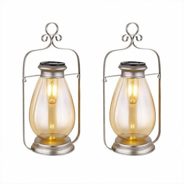 2x LED Solarlampe, Laterne, silber, Glas amber, IP44, H 36,5 cm
