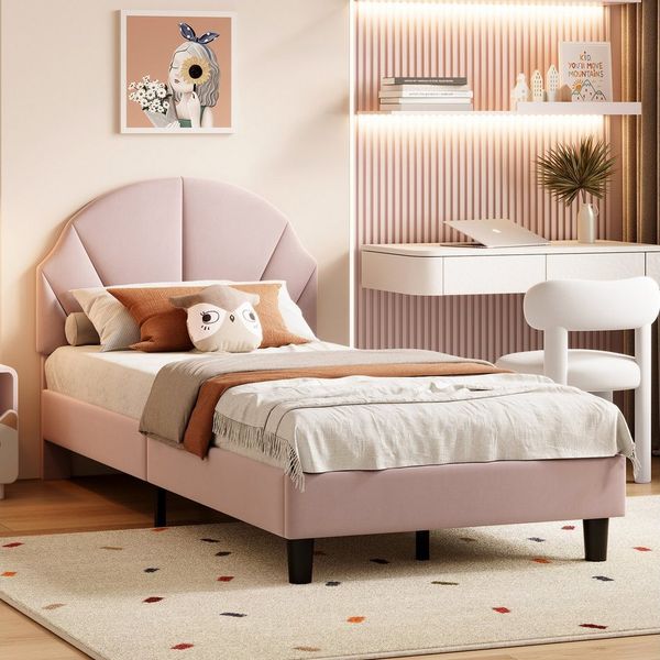 Furnishings Home Polsterbett Kinderbett Einzelbett, Muschelförmiges Kopfteil (1-tlg, Geeignet für Jugendliche und Kinder), Verstellbare Kopfteilhöhe Mit Lattenrost, Samtstoff, 90x200 cm