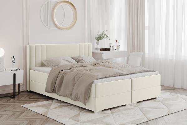 MEBLINI Boxspringbett ALBA 180x200 cm mit Bettkasten – H3P/Creme Samt Polsterbett - Doppelbett mit Topper & Taschenfederkern-Matratze