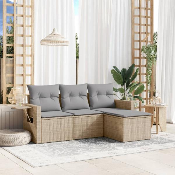 vidaXL 4-tlg. Garten-Sofagarnitur mit Kissen Beige Poly Rattan 3220068