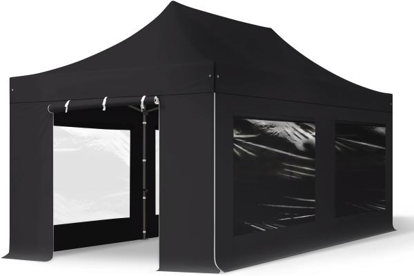 3x6 m Faltpavillon, PREMIUM Stahl 40mm, Seitenteile mit Panoramafenstern, schwarz