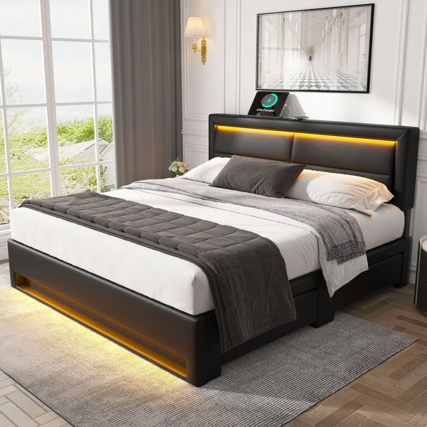 Polsterbett 140x200 cm mit USB, LED & 4 Schubladen, Schwarz PU, inkl. Lattenrost, Stauraum
