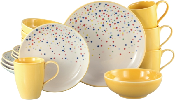 CreaTable, 24235, Serie Joy Dots Gelb, 16-teiliges Geschirrset für 4 Personen Gelb