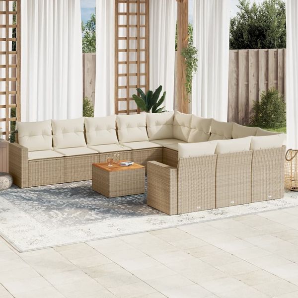 vidaXL 12-tlg. Garten-Sofagarnitur mit Kissen Beige Poly Rattan 3256681