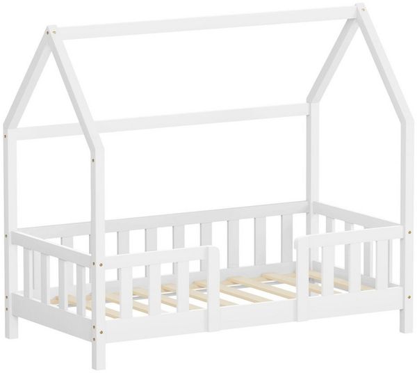 ML-DESIGN Spielbett Hausbett Kinderbett inkl. Lattenrost kreativ Bodenbett für Kinder, Abenteuerbett ohne Matratze 70x140 cm Holzbett Weiß Kiefer Bettgestell