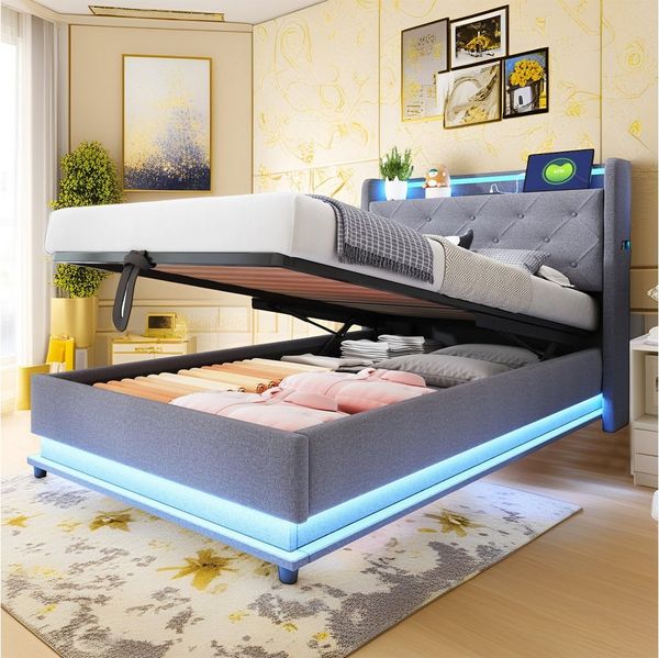 MODFU Polsterbett mit LED-Farbwechsel (Stauraumbett mit USB & Type-C-Anschluss, hydraulischem Stauraum & aufklappbarem Kopfteil, Kinderbett aus Leinenstoff 90x200cm), ohne Matratze