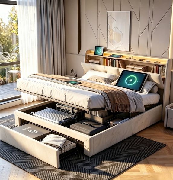 Furnishings Home Polsterbett 180x200 Doppelbett LED Hydraulisch anhebbarer Stauraumbett (Mit Lattenrost, Samt material Polsterbett), Modernes Jugendbett, Leises Design Bett, Max. Belastbarkeit 350 kg