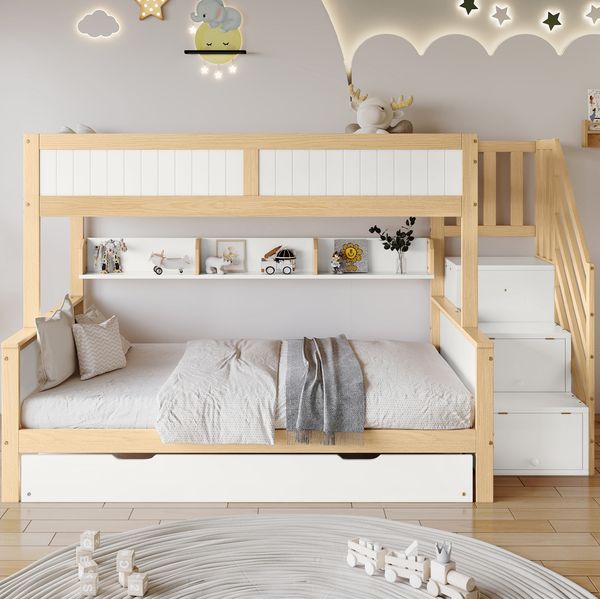 Bett 90x200 & 120x200 cm mit Rollbett 90x190 cm, Stauraumtreppe und Kleiderschrank – Weiß/Natur