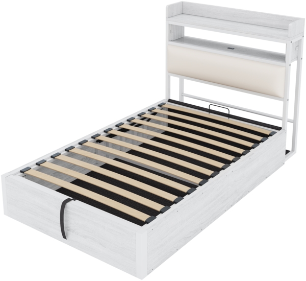 Hydraulisches Polsterbett 90x200 cm mit Stauraum & Kopfteil-Ablage, USB-Anschlüsse, Metallrahmen, Retro-Design,Weiß,inklusive Schaummatratze Bild 10