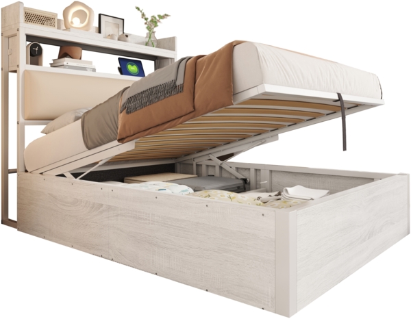 Hydraulisches Polsterbett 90x200 cm mit Stauraum & Kopfteil-Ablage, USB-Anschlüsse, Metallrahmen, Retro-Design,Weiß,inklusive Schaummatratze Bild 7