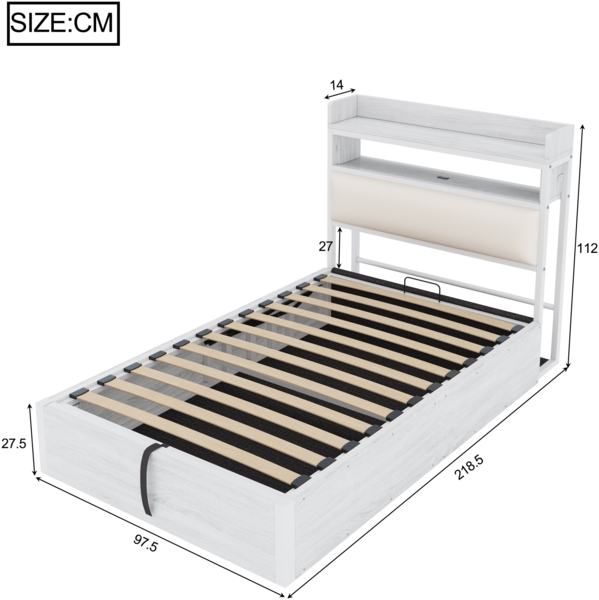 Hydraulisches Polsterbett 90x200 cm mit Stauraum & Kopfteil-Ablage, USB-Anschlüsse, Metallrahmen, Retro-Design,Weiß,inklusive Schaummatratze Bild 6