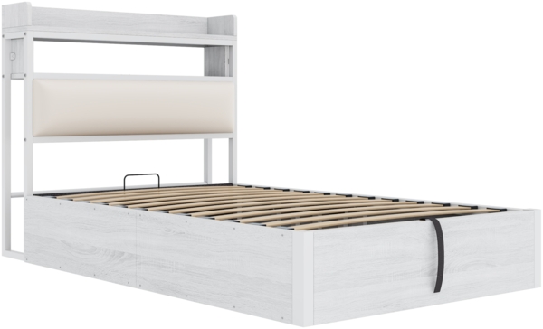 Hydraulisches Polsterbett 90x200 cm mit Stauraum & Kopfteil-Ablage, USB-Anschlüsse, Metallrahmen, Retro-Design,Weiß,inklusive Schaummatratze Bild 8