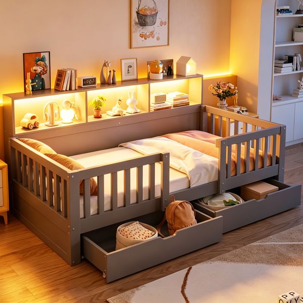 Merax Kinderbett, 90x200 cm – Einzelbett, Holzbett, Hohe Rückenlehne mit Sicherheitsgitter, Schubladen, Regalen und LED-Beleuchtung, Grau