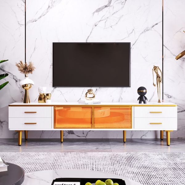 TV-Lowboard aus Spanplatte mit LED & Glasfront, 170x37x47,5 cm, Weiß