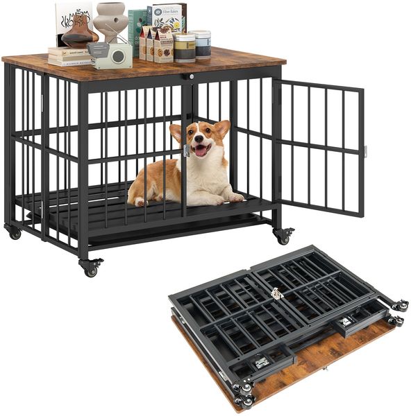 Klappbare Hundehütte mit Rollen & Ausnehmbarem Tablett & Abschließbarer Tür 2 in 1 Beistelltisch Hundebox