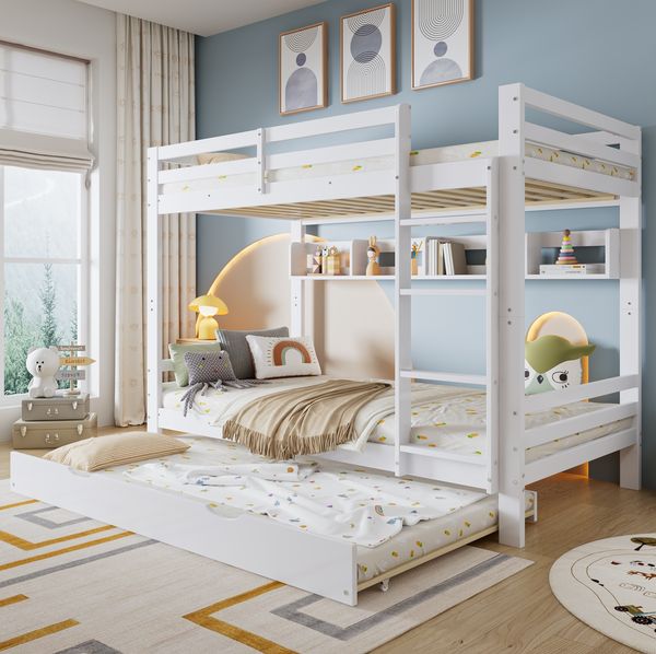 Etagenbett aus Kiefer und MDF mit Ausziehbett, Regal und Leiter, 90x200 cm, Weiß, ohne Matratze