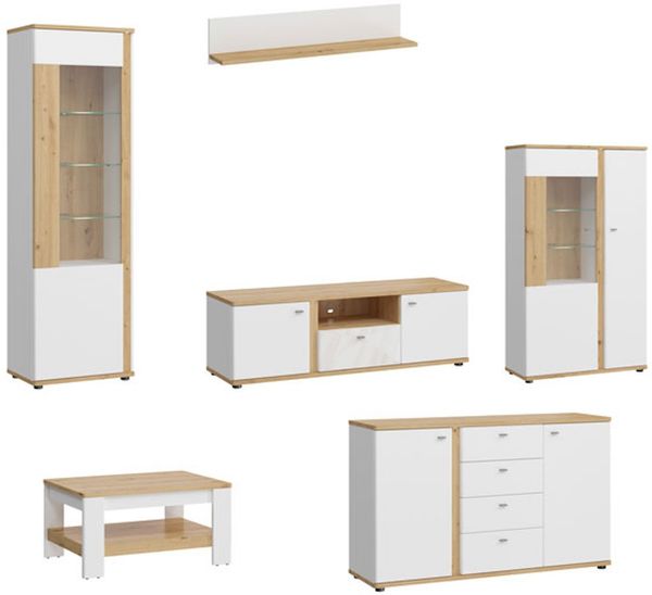Wohnzimmer-Set Wohnwand Avila 6-teilig Eiche Artisan Front MDF weiß Hochglanz