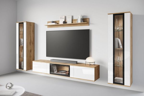 Home affaire Wohnwand Caro, stehend und hängend montierbar, (Komplett-Set, 4-St, Vitrine Türanschlag links/rechts wechselbar), grifflose Design, höhenverstellbare Einlegeböden