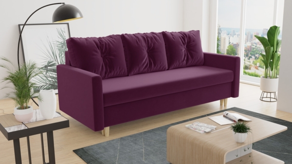 Schlafsofa Rico - Sofa mit Bettkasten, Couch mit Schlaffunktion, Bettfunktion, Bettsofa mit Bonell-Ferderkern, Velours (Violett (Kronos 03))