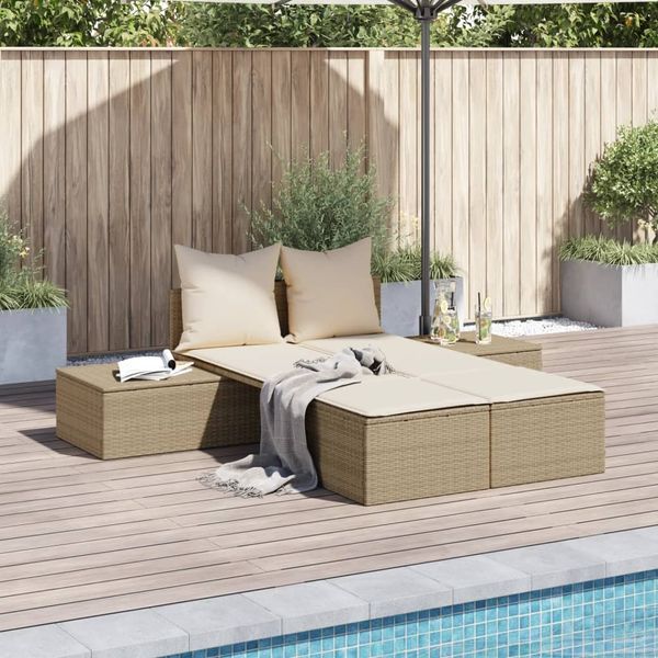Doppel-Sonnenliege, Gartenliege mit Auflagen Beige Poly Rattan