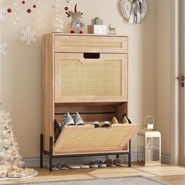 GarveeMore Schuhschrank Rattan mit 2 Flip Tür und 1 Schublade,4 Einstellbar Ablageflächen Schuhkipper,Schuhkommode Schmal für Eingang,Flur,61x24x102cm