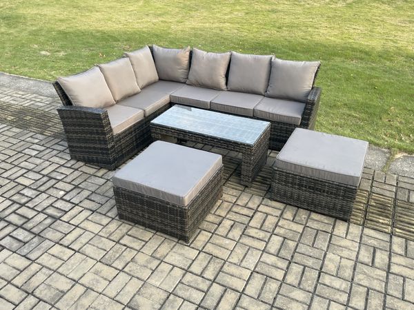 Fimous Gartenlounge Set Rattan Ecksofa Set mit 2 Großer Hockern Dunkelgrau gemischt