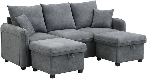 Multifunktionales U-Form Ecksofa Set, Chenille Stoff Dunkelgrau 188x186x86cm mit Schlaffunktion Stauboxen & Staaufhocker