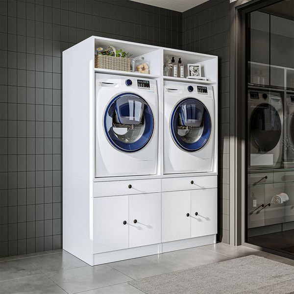 Roomart Waschturm Doppelschrank mit Ausziehplatte – SERIE 1 - 134 cm breit, Waschmaschinenschrank für Waschküche & Hauswirtschaftsraum • Weiß