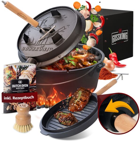 Dutch Oven Set 7 L mit Füßen – Eingebrannter Feuertopf aus Gusseisen mit 2in1 Deckelheber Bürste & Rezeptbuch