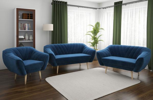 Couchgarnitur zum Wohnzimmer, Sofa-Set - Sofa MIA - 3 2 1 - Dunkelblau Velours