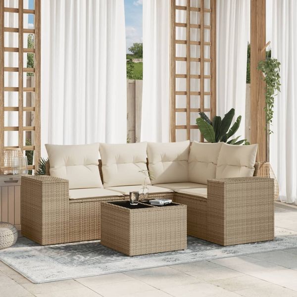 vidaXL 5-tlg. Garten-Sofagarnitur mit Kissen Beige Poly Rattan 3222517