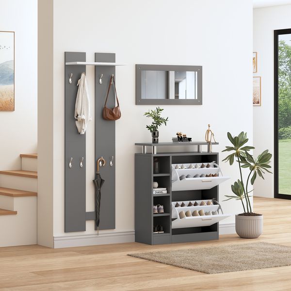 Garderobenset mit Schuhschrank, Spiegel & 2 Wandpaneelen, 80 x 25 x 96,5 cm, Grau/Weiß