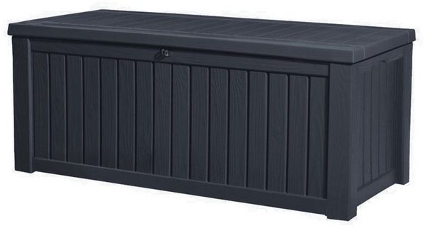 Keter Gartenbox Rockwood 570L Anthrazit naturgetreue Holzoptik Aufbewahrungsbox Truhe, abschließbar