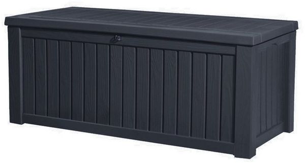 Keter Gartenbox Rockwood 570L Anthrazit naturgetreue Holzoptik Aufbewahrungsbox Truhe, abschließbar