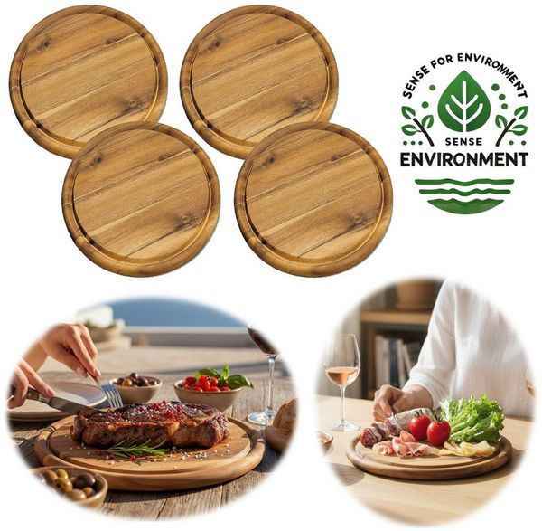 LS-LebenStil Servierbrett 4x Holz Fleischteller Servierteller 25cm Akazie Rund Schneidebrett, Holz, (Set - 4 Stück - Schneidebrett mit Saftrille Vesperbrett Brotzeitbrett, 4-St, Vesperbrett Servierteller Pizzateller Käsebrett Holzbrett)