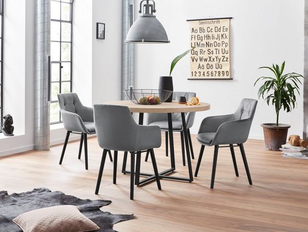loft24 Essgruppe Cliff, (Set, 5-tlg), runder Esstisch, 4 Esszimmerstühle, Polsterstuhl, Metallgestell