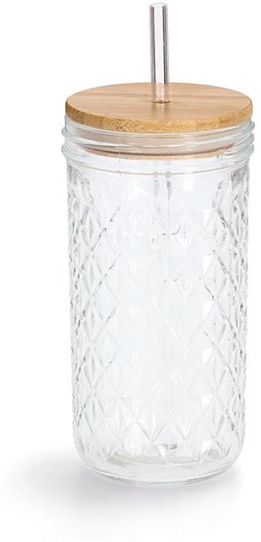 ZELLER 19648 Trinkglas mit Bambusdeckel und Glasstrohhalm, Ø 8,9 x 16,4 cm