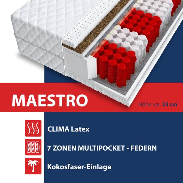 Matratze 90x200 Multipocket Taschenfederkern MAESTRO 9 Zonen H3 H5 23 cm Latex Kokos Polyurethanschaum Bild 4